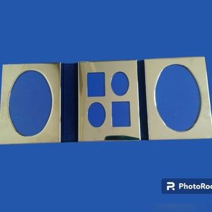 Trifold Silver Tone Picture Frame Blue Plush Wedding‎ Office Family Photo Desk
